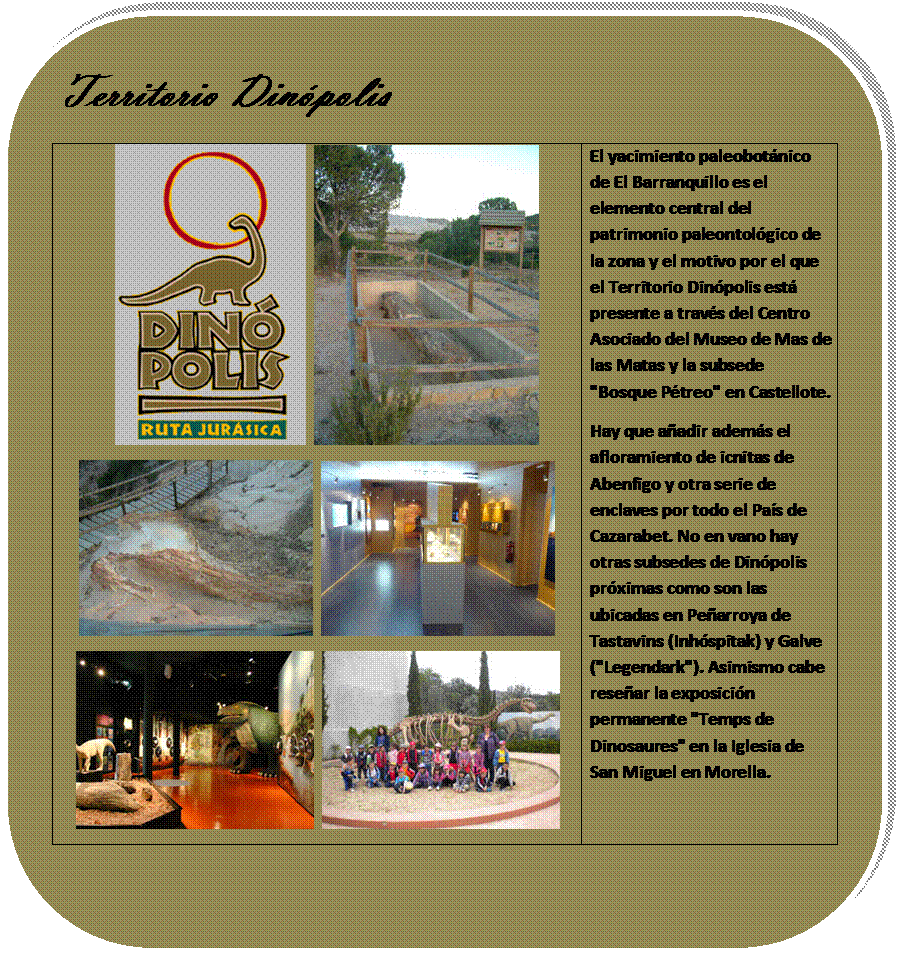 Rectngulo redondeado: Territorio Dinpolis
             
       
      	El yacimiento paleobotnico de El Barranquillo es el elemento central del patrimonio paleontolgico de la zona y el motivo por el que el Territorio Dinpolis est presente a travs del Centro Asociado del Museo de Mas de las Matas y la subsede "Bosque Ptreo" en Castellote. 
Hay que aadir adems el afloramiento de icnitas de Abenfigo y otra serie de enclaves por todo el Pas de Cazarabet. No en vano hay otras subsedes de Dinpolis prximas como son las ubicadas en Pearroya de Tastavins (Inhspitak) y Galve ("Legendark"). Asimismo cabe resear la exposicin permanente "Temps de Dinosaures" en la Iglesia de San Miguel en Morella.

