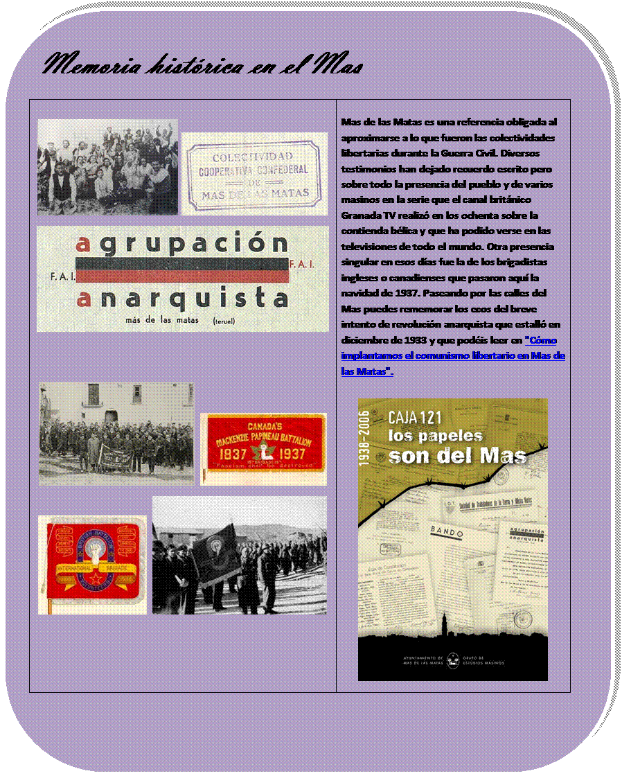 Rectngulo redondeado: Memoria histrica en el Mas

    
 


     
     	
Mas de las Matas es una referencia obligada al aproximarse a lo que fueron las colectividades libertarias durante la Guerra Civil. Diversos testimonios han dejado recuerdo escrito pero sobre todo la presencia del pueblo y de varios masinos en la serie que el canal britnico Granada TV realiz en los ochenta sobre la contienda blica y que ha podido verse en las televisiones de todo el mundo. Otra presencia singular en esos das fue la de los brigadistas ingleses o canadienses que pasaron aqu la navidad de 1937. Paseando por las calles del Mas puedes rememorar los ecos del breve intento de revolucin anarquista que estall en diciembre de 1933 y que podis leer en "Cmo implantamos el comunismo libertario en Mas de las Matas".

 


