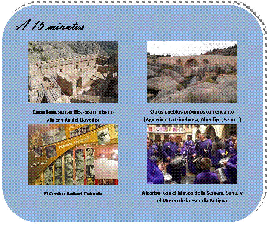 Rectngulo redondeado: A 15 minutos
 
Castellote, su castillo, casco urbano 
y la ermita del Llovedor	 
Otros pueblos prximos con encanto 
(Aguaviva, La Ginebrosa, Abenfigo, Seno...)
 
El Centro Buuel Calanda	 
Alcorisa, con el Museo de la Semana Santa y 
el Museo de la Escuela Antigua

