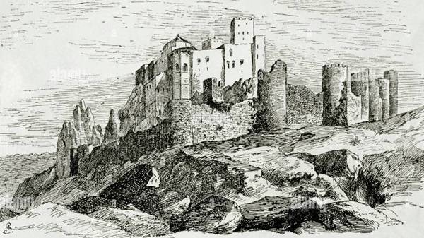 espana-aragon-provincia-de-huesca-castillo-de-loarre-fue-construido-durante-los-siglos-xi-y-xii-grabado-museo-militar-1883-2a9ry3k.jpg